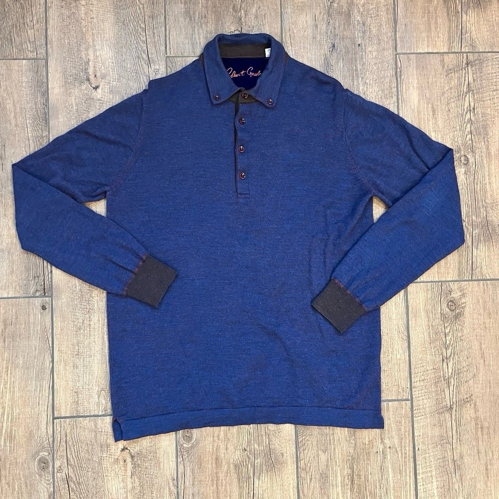 Robert Graham 100% Wool Long Sleeve Blue‎ Polo Men's Size Large